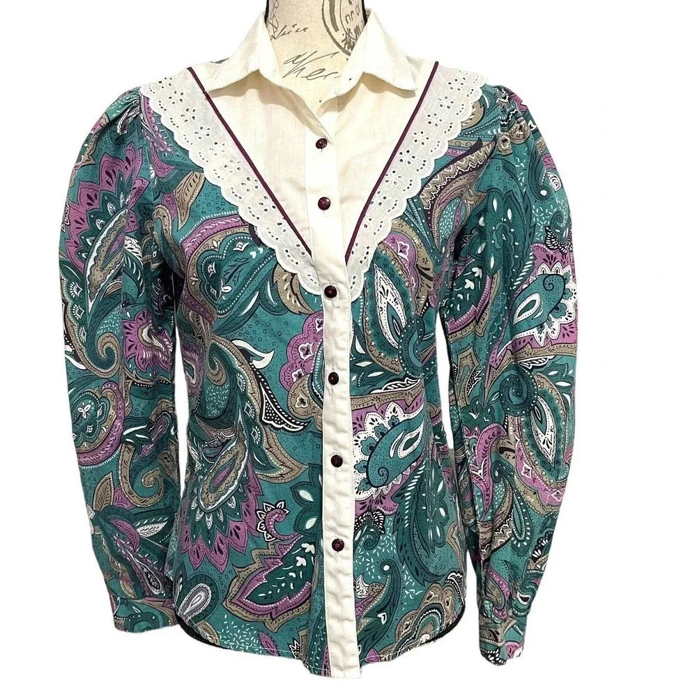 Circle T Paisley Western Shirt Women 9/10 Teal Prairie Cottagecore 80s 90s Boho